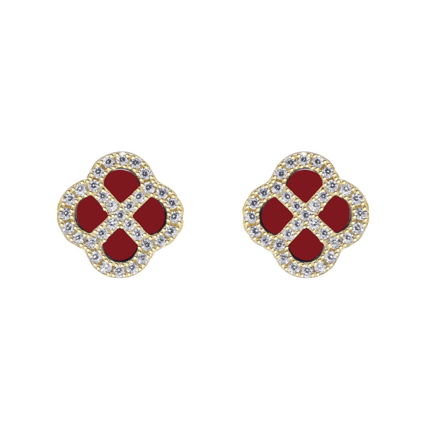 Gold-plated Silver  CZ Red Agate Clover Kiss Stud Earrings 11mm - 8-59-1925