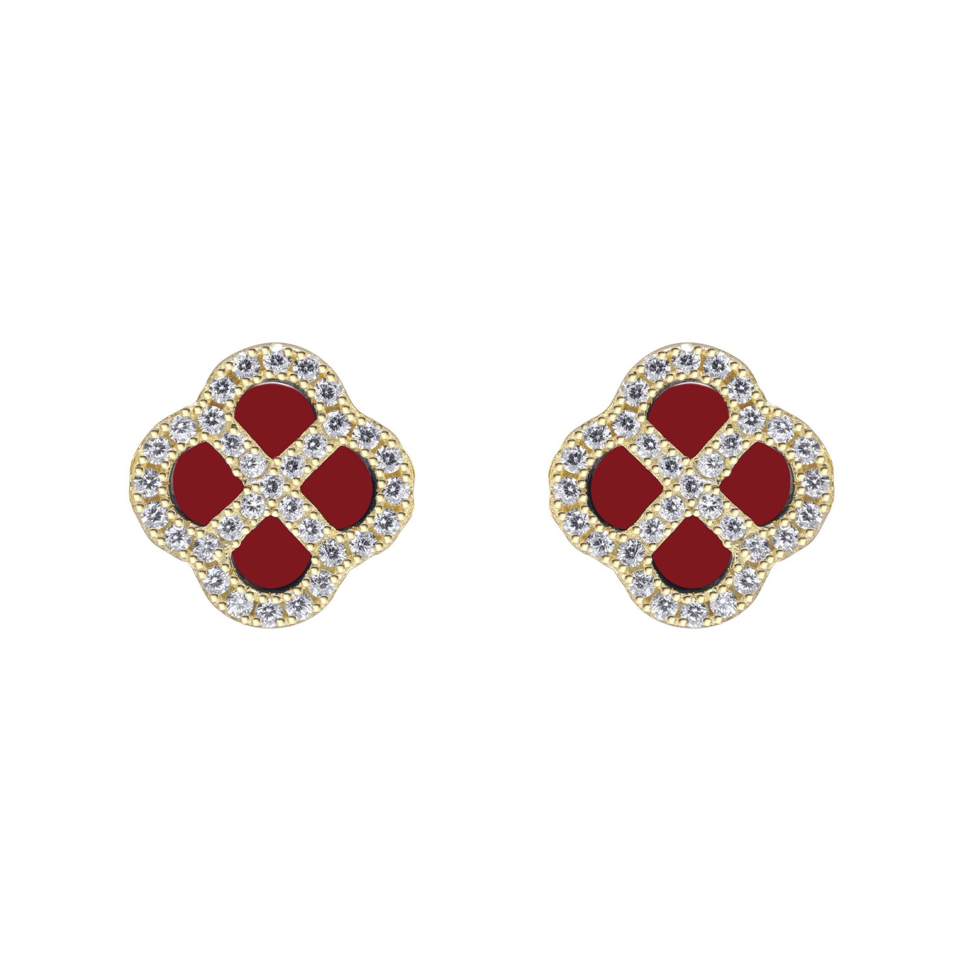 Gold-plated Silver  CZ Red Agate Clover Kiss Stud Earrings 11mm - 8-59-1925