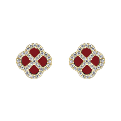 Gold-plated Silver  CZ Red Agate Clover Kiss Stud Earrings 11mm - 8-59-1925