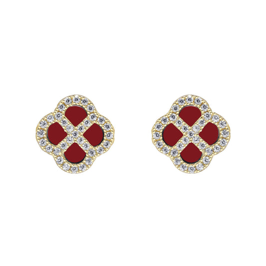Gold-plated Silver  CZ Red Agate Clover Kiss Stud Earrings 11mm - 8-59-1925