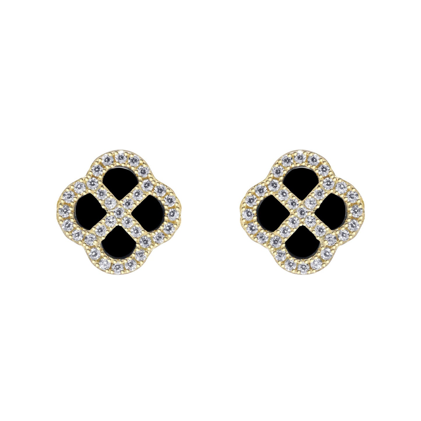 Gold-plated Silver  CZ Onyx Clover Kiss Stud Earrings 11mm - 8-59-1927