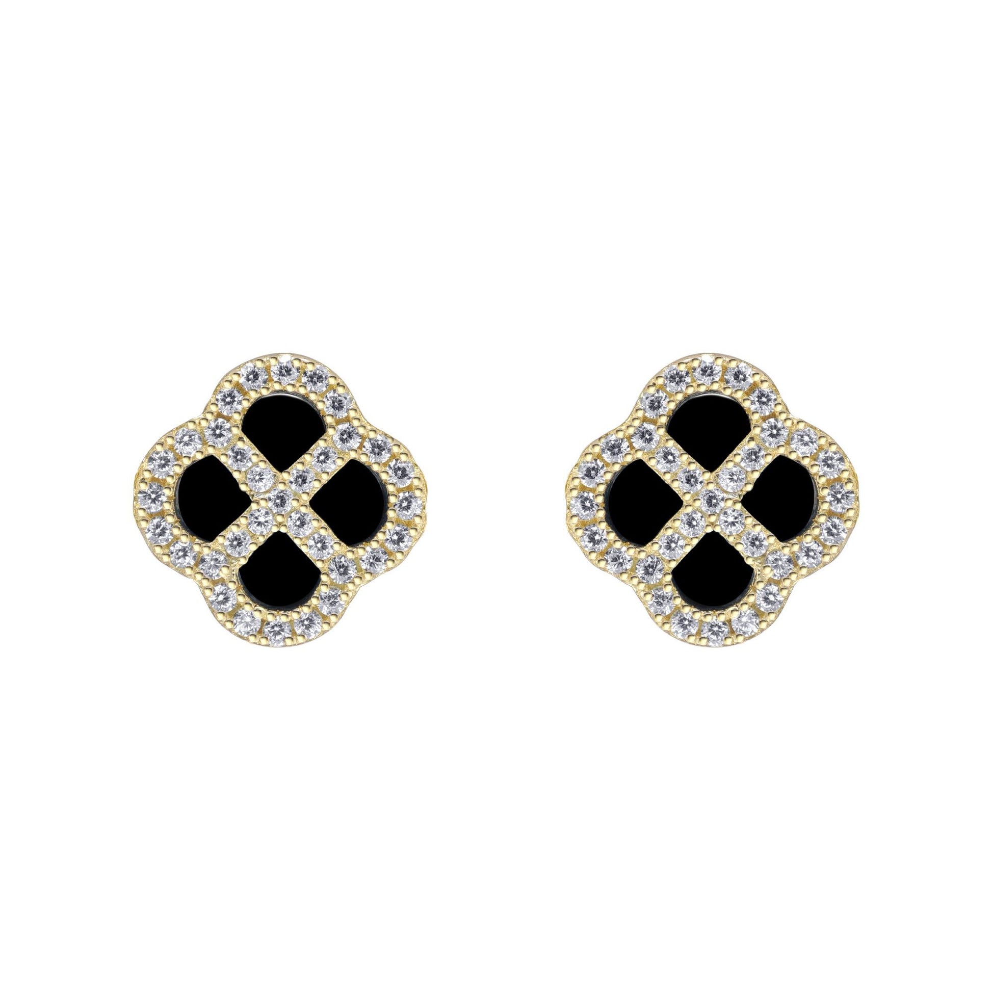 Gold-plated Silver  CZ Onyx Clover Kiss Stud Earrings 11mm - 8-59-1927