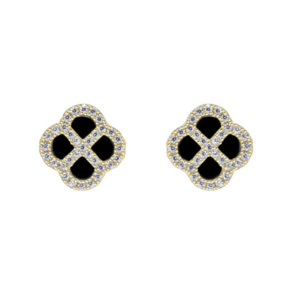 Gold-plated Silver  CZ Onyx Clover Kiss Stud Earrings 11mm - 8-59-1927