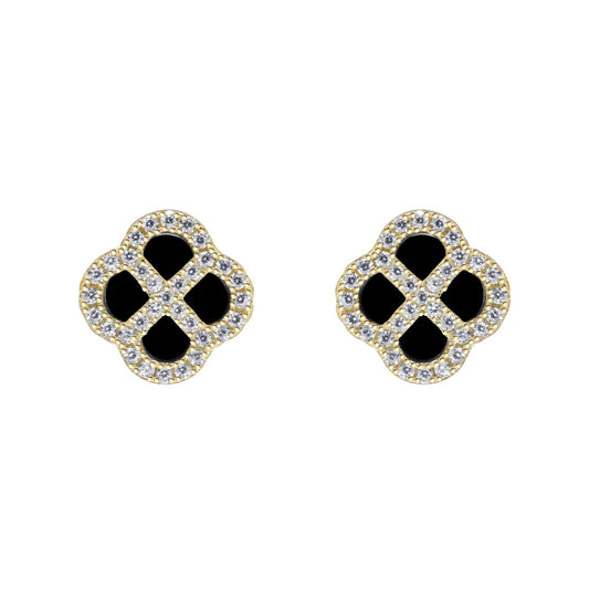 Gold-plated Silver  CZ Onyx Clover Kiss Stud Earrings 11mm - 8-59-1927