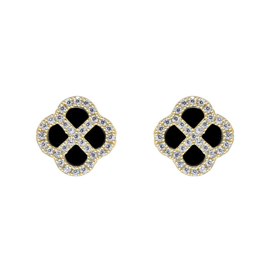 Gold-plated Silver  CZ Onyx Clover Kiss Stud Earrings 11mm - 8-59-1927