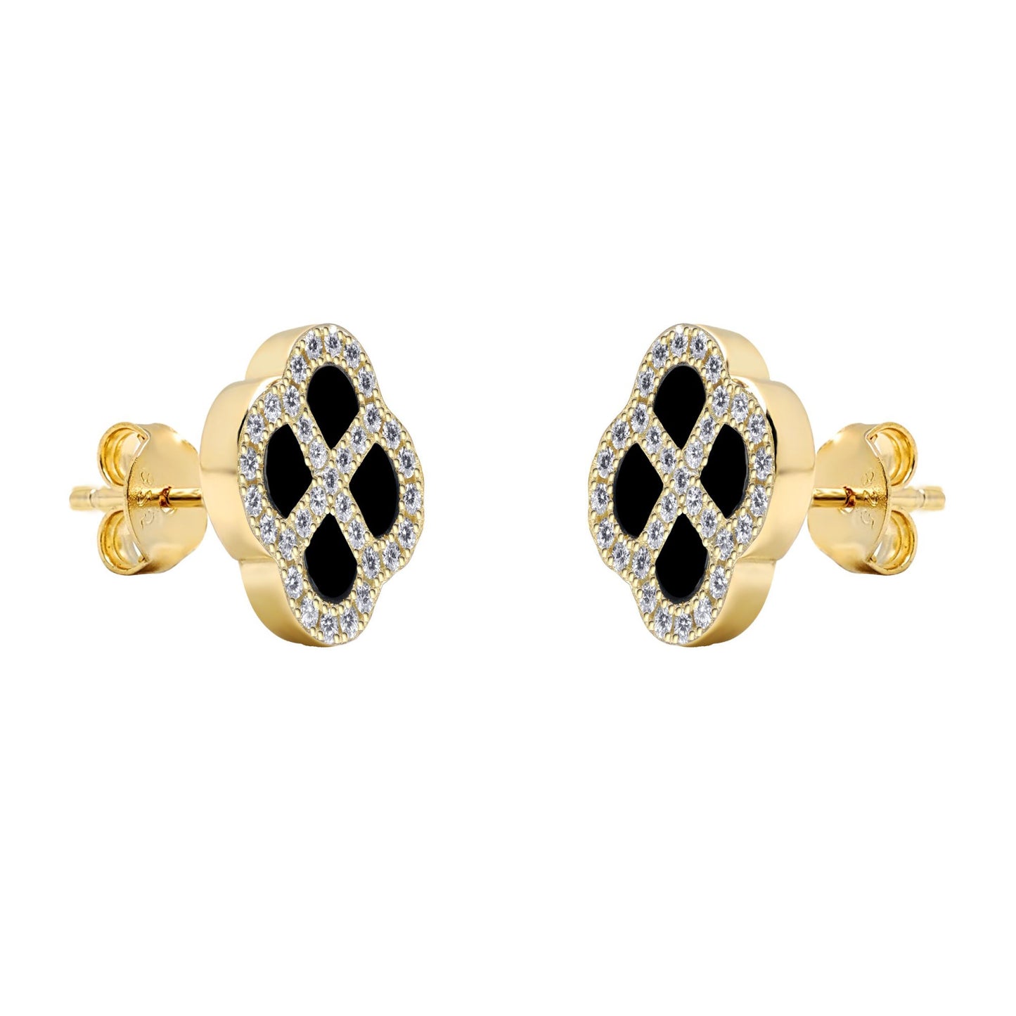 Gold-plated Silver  CZ Onyx Clover Kiss Stud Earrings 11mm - 8-59-1927