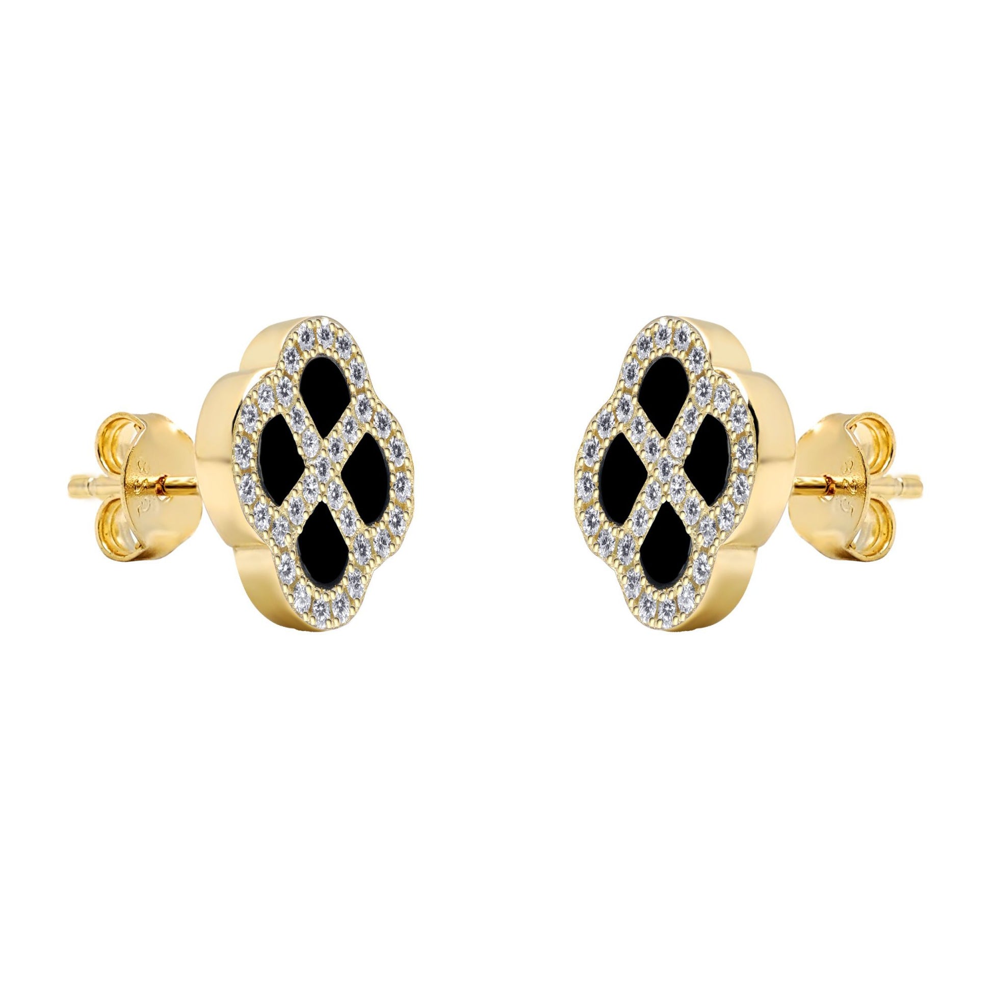 Gold-plated Silver  CZ Onyx Clover Kiss Stud Earrings 11mm - 8-59-1927