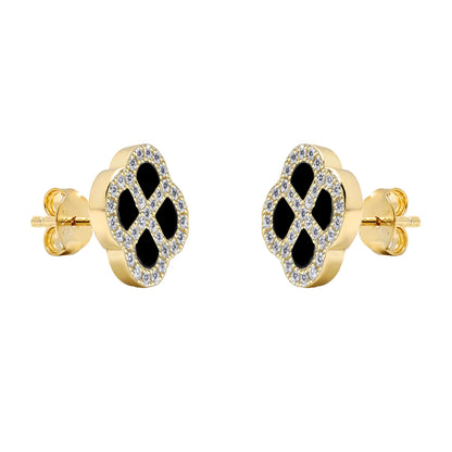 Gold-plated Silver  CZ Onyx Clover Kiss Stud Earrings 11mm - 8-59-1927