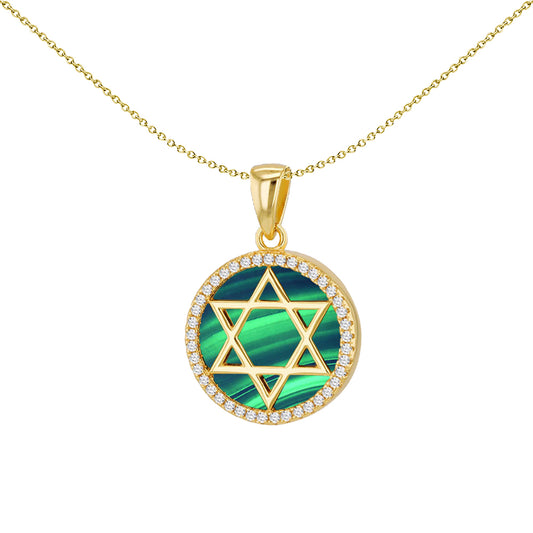 Silver  Malachite CZ Magen David Star Halo Disc Medallion Necklace - 8-61-0045