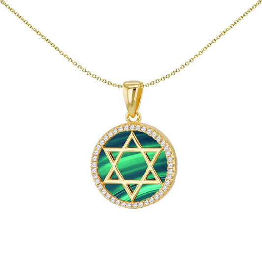 Silver  Malachite CZ Magen David Star Halo Disc Medallion Necklace - 8-61-0045