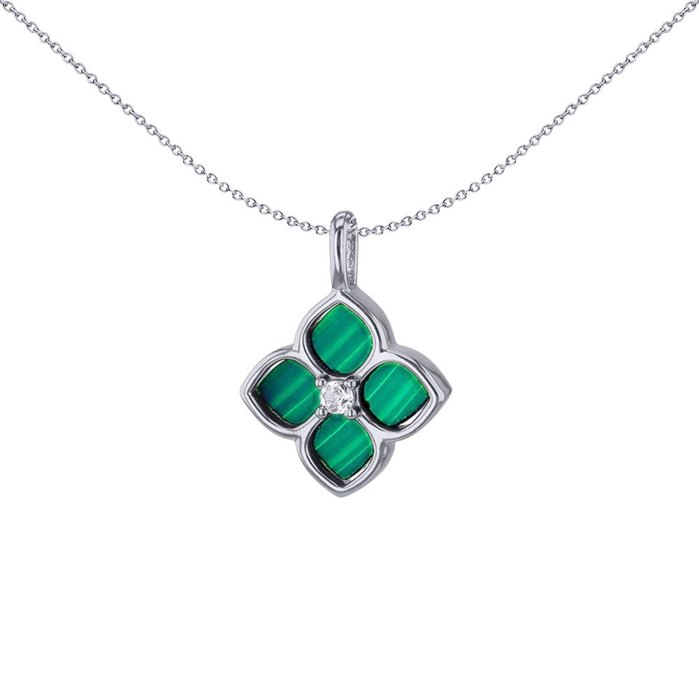 Silver  Green Clover Malachite CZ Quatrefoil Lucky Charm Necklace - 8-61-0049
