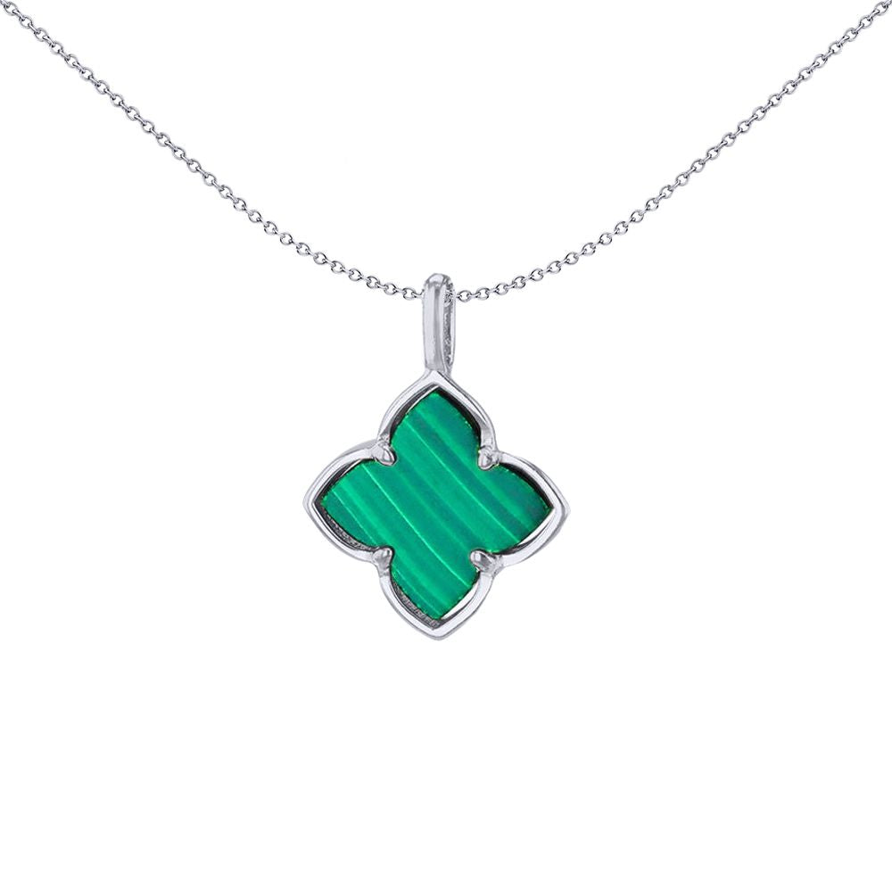 Silver  Green Clover Malachite CZ Quatrefoil Lucky Charm Necklace - 8-61-0049