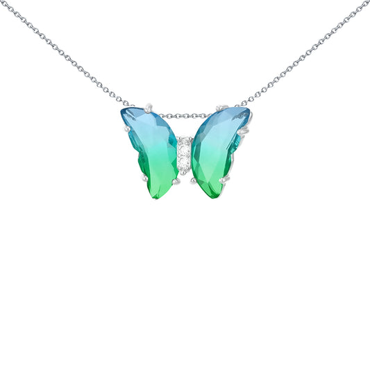 Silver  Two-tone Green Blue Half Moon Glass & CZ Butterfly Pendant - 8-61-0066
