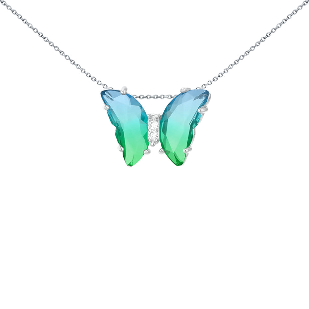 Silver  Two-tone Green Blue Half Moon Glass & CZ Butterfly Pendant - 8-61-0066