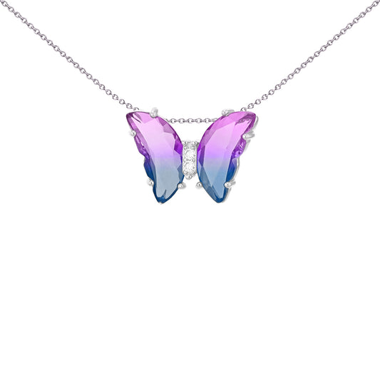 Silver  Two-tone Pink Blue Half Moon Glass & CZ Butterfly Pendant - 8-61-0067