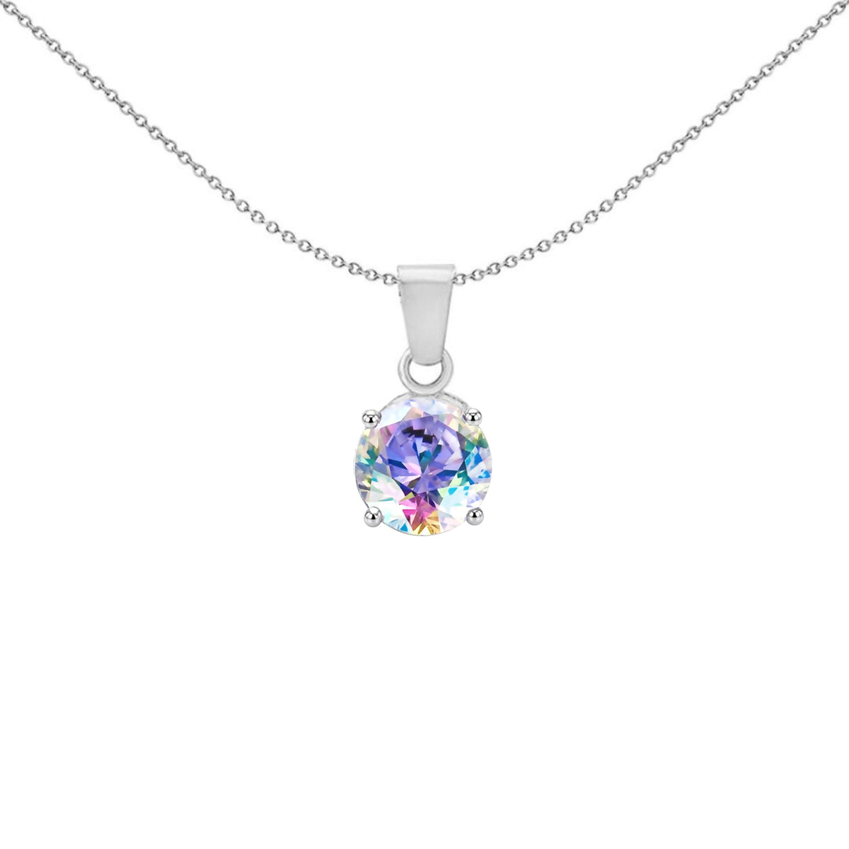 Silver  Aurora Borealis CZ Rainbow Solitaire Pendant Necklace 8mm - 8-62-9264