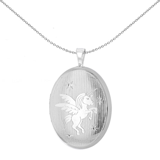 Sterling Silver  Angel Unicorn Oval Locket Pendant 26mm 18 inch - 8-65-3101