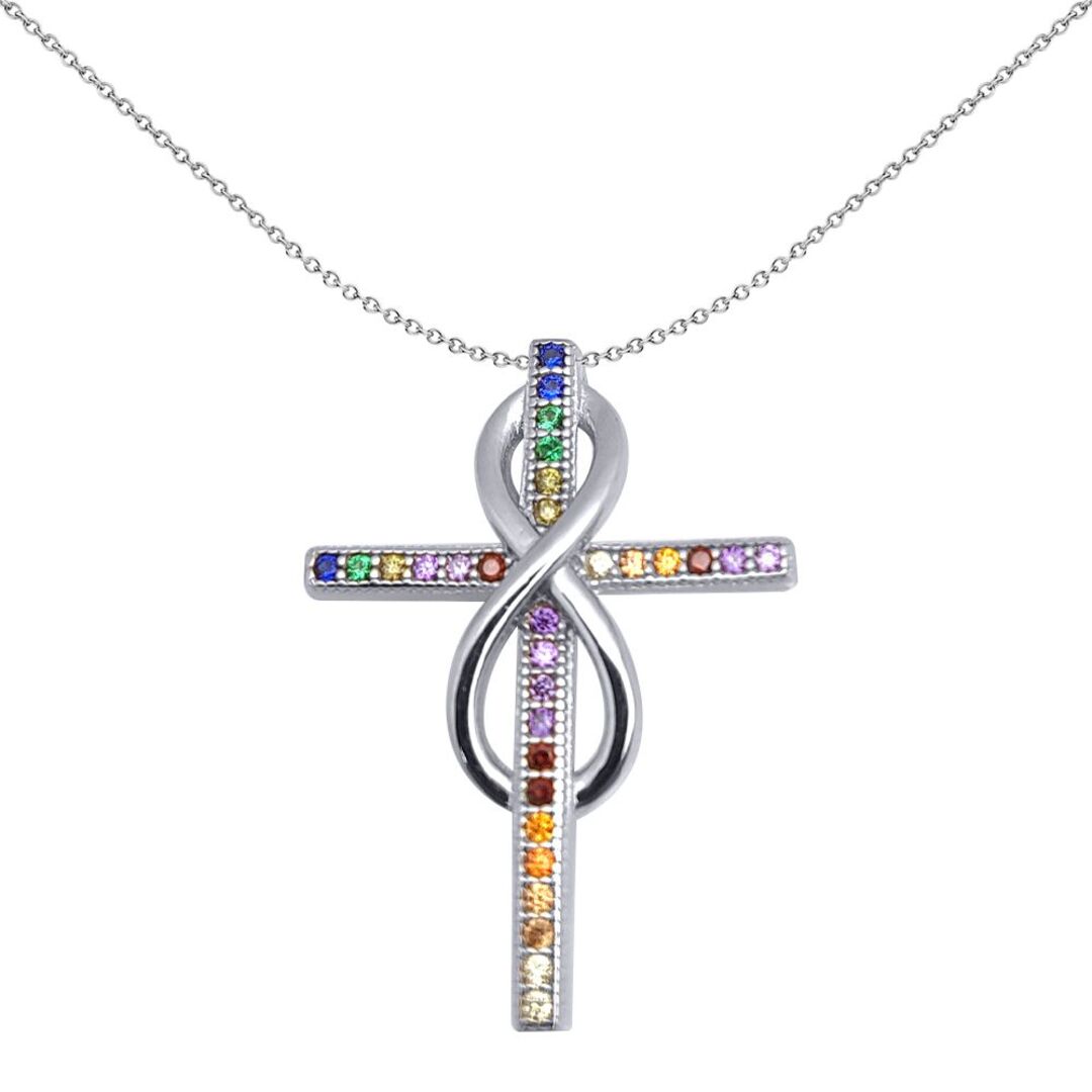 Sterling Silver  Rainbow CZ Inifity Cross Pendant 26mm - 8-68-6774