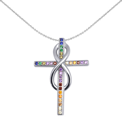 Sterling Silver  Rainbow CZ Inifity Cross Pendant 26mm 18 inch - 8-68-6774