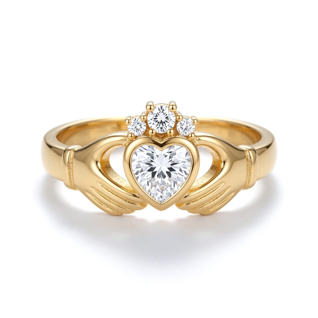 Silver  Heart CZ Solitaire Cluster (Chladaigh) Claddagh Ring - 8-82-0219