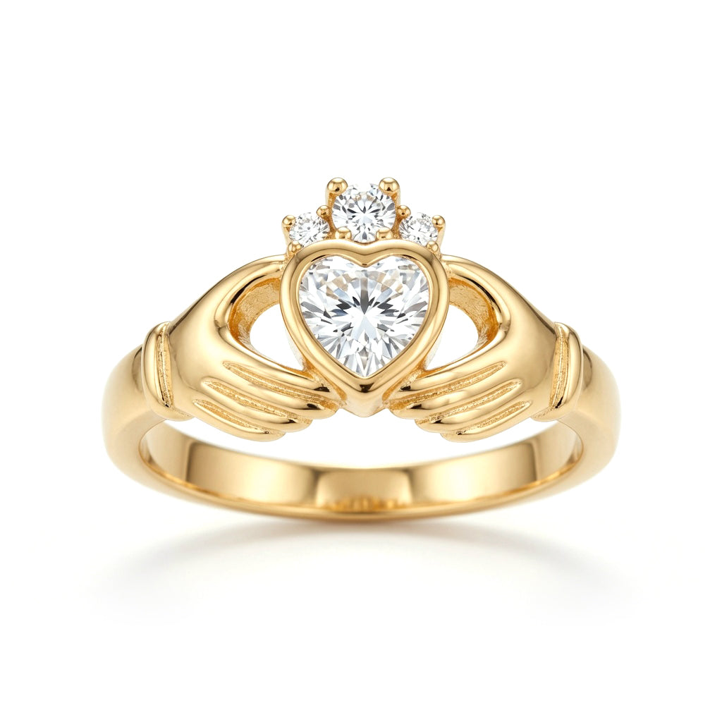 Silver  Heart CZ Solitaire Cluster (Chladaigh) Claddagh Ring - 8-82-0219