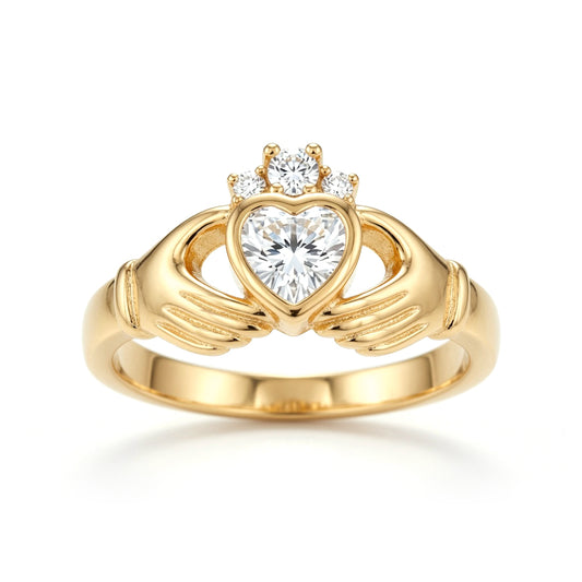 Silver  Heart CZ Solitaire Cluster (Chladaigh) Claddagh Ring - 8-82-0219