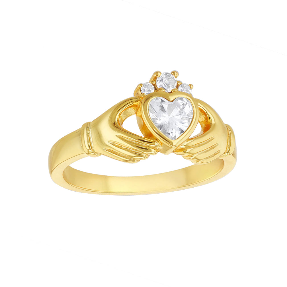 Silver  Heart CZ Solitaire Cluster (Chladaigh) Claddagh Ring - 8-82-0219