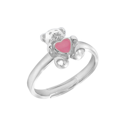 Silver  Pink Enamel Love Heart Teddy Bear Expanding Ring Sizes H-T - 8-83-5149