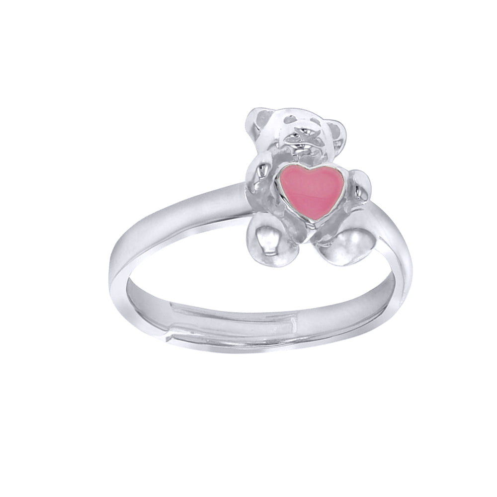 Silver  Pink Enamel Love Heart Teddy Bear Expanding Ring Sizes H-T - 8-83-5149