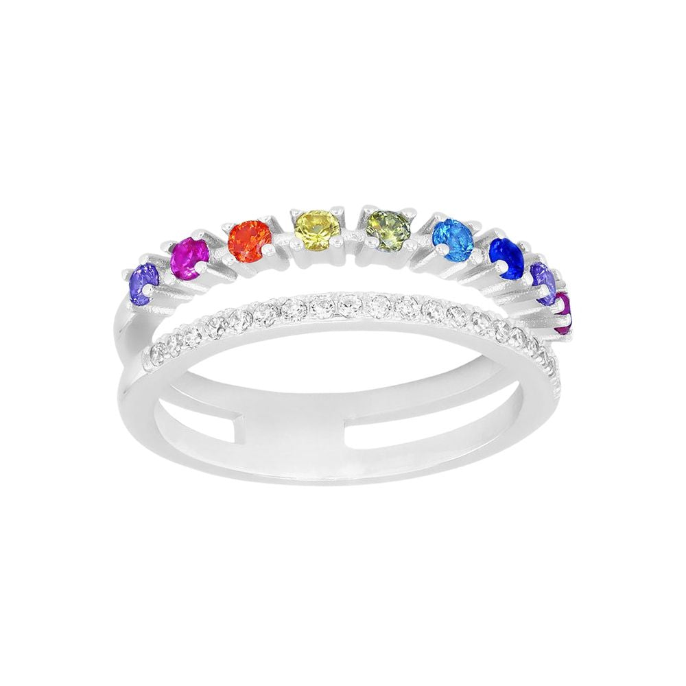 Silver  Rainbow CZ Double Band Pave Claw Half Eternity Ring - 8-84-1261