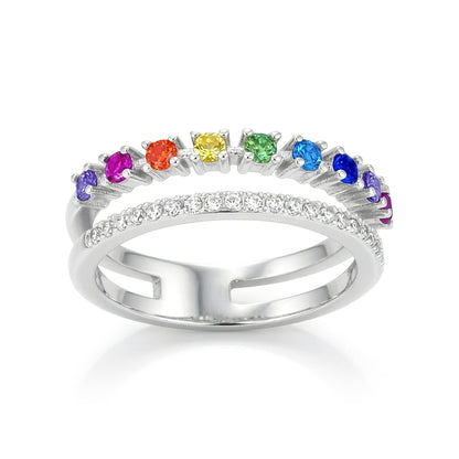 Silver  Rainbow CZ Double Band Pave Claw Half Eternity Ring - 8-84-1261