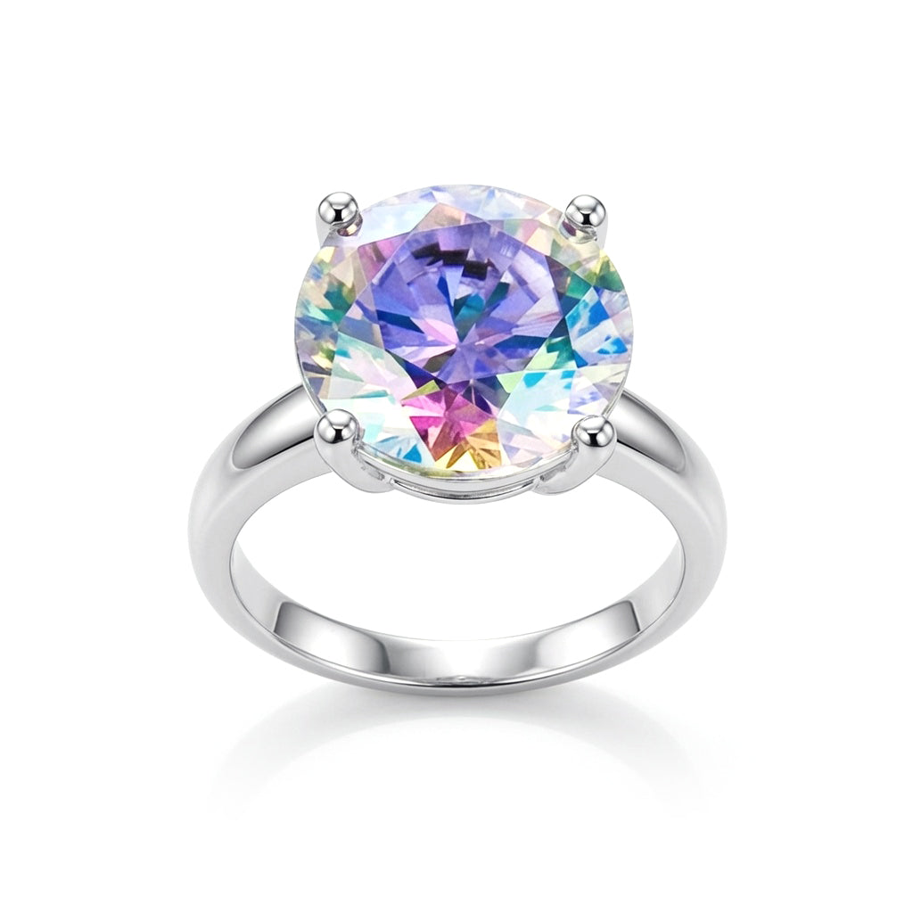 Silver  Aurora Borealis CZ Rainbow Solitaire Cocktail Ring 12mm - 8-84-6001