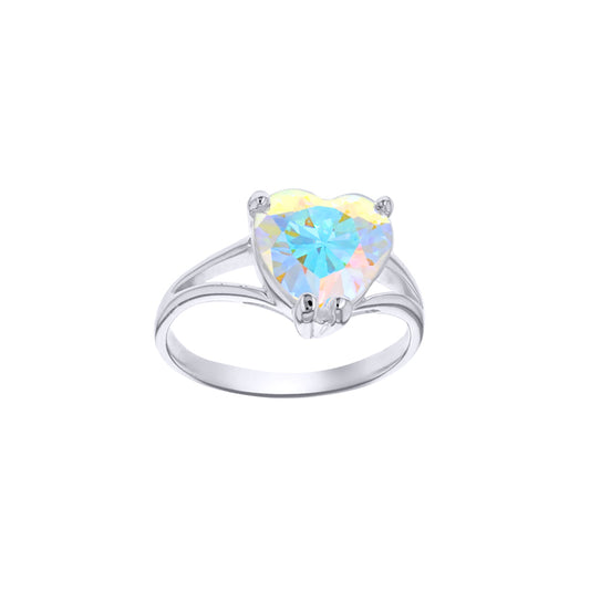 Silver  Aurora Borealis CZ Rainbow Love Heart Split Solitaire Ring - 8-84-6011