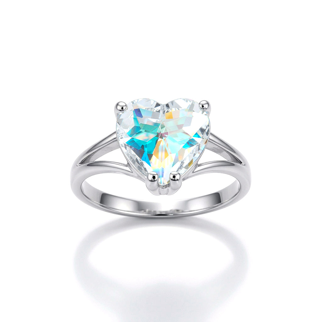 Silver  Aurora Borealis CZ Rainbow Love Heart Split Solitaire Ring - 8-84-6011
