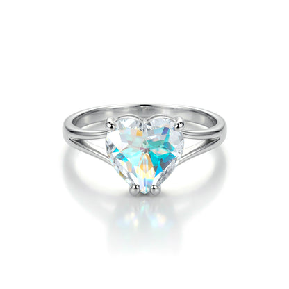 Silver  Aurora Borealis CZ Rainbow Love Heart Split Solitaire Ring - 8-84-6011