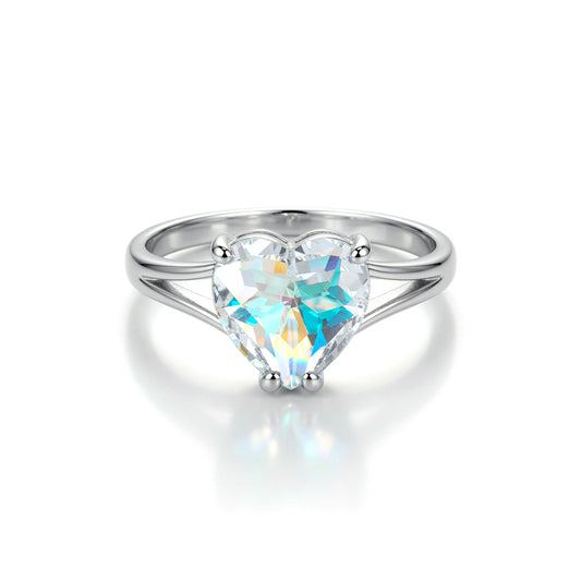 Silver  Aurora Borealis CZ Rainbow Love Heart Split Solitaire Ring - 8-84-6011