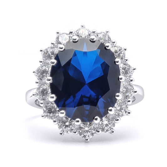 Silver  Sapphire-Blue CZ Princess Diana Kate Royal Engagement Ring - 8-84-9751