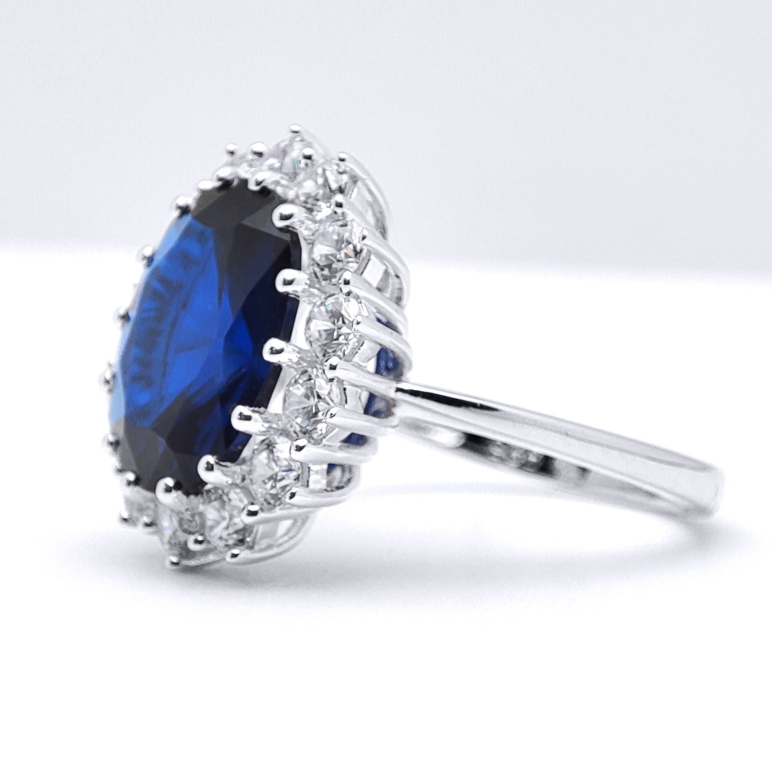 Silver  Sapphire-Blue CZ Princess Diana Kate Royal Engagement Ring - 8-84-9751