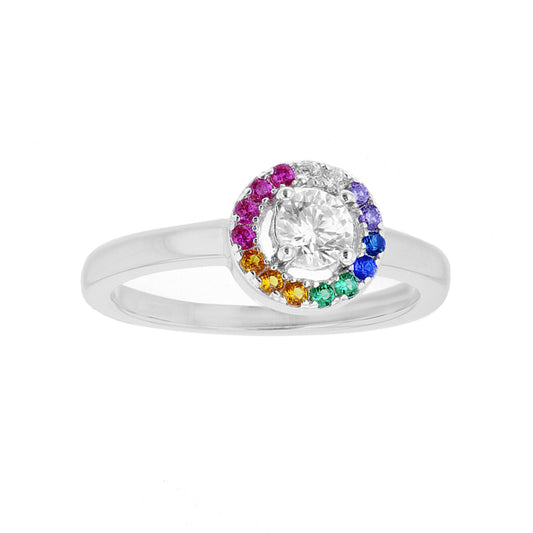 Sterling Silver  CZ Rainbow Halo Solitaire Engagement Ring 8mm - 8-86-0149