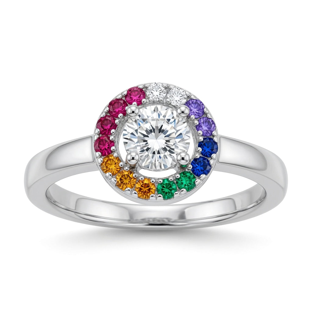 Sterling Silver  CZ Rainbow Halo Solitaire Engagement Ring 8mm - 8-86-0149