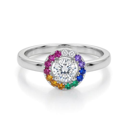 Sterling Silver  CZ Rainbow Halo Solitaire Engagement Ring 8mm - 8-86-0149