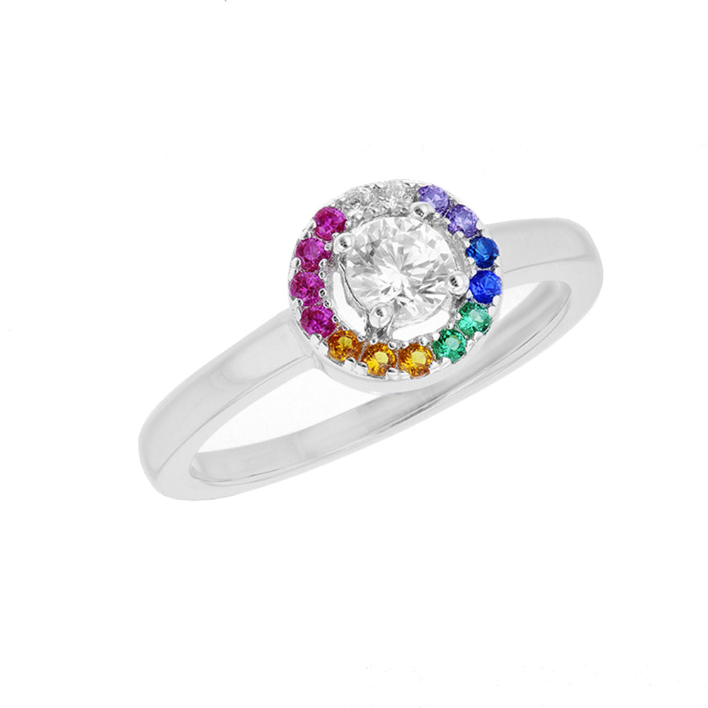 Sterling Silver  CZ Rainbow Halo Solitaire Engagement Ring 8mm - 8-86-0149