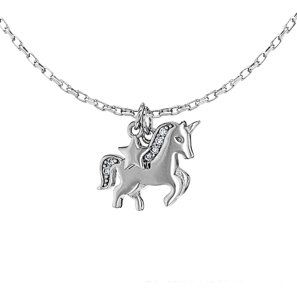 Silver  CZ Unicorn Star Charm Adjustable Necklace 17" to 18" - 8-19-6034