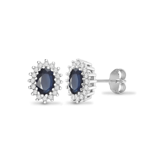 9ct White Gold  Diamond Blue Sapphire Cluster Stud Earrings - 9E110