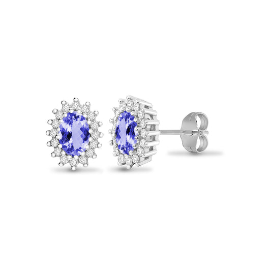 9ct White Gold  Diamond Lilac Tanzanite Cluster Stud Earrings - 9E112