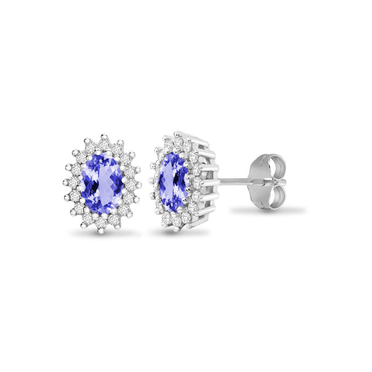 9ct White Gold Diamond Lilac Tanzanite Cluster Stud Earrings - 9E112