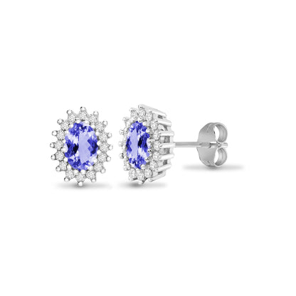 9ct White Gold  Diamond Lilac Tanzanite Cluster Stud Earrings - 9E112