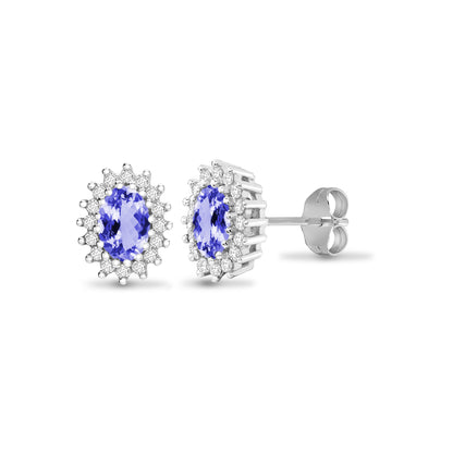 9ct White Gold  Diamond Lilac Tanzanite Cluster Stud Earrings - 9E112