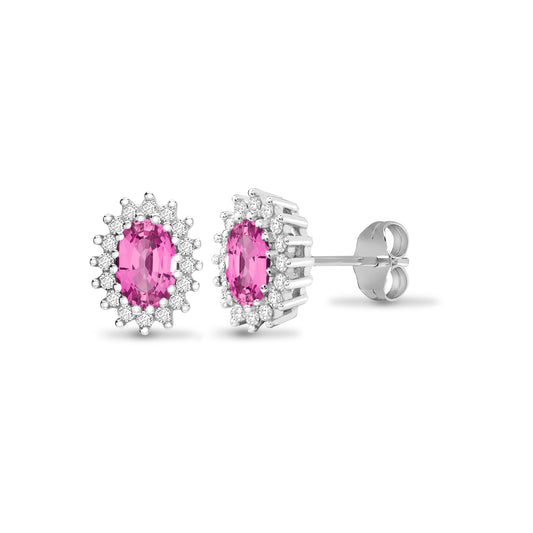 9ct White Gold  Diamond Pink Sapphire Cluster Stud Earrings - 9E113