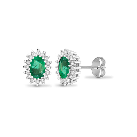 9ct White Gold  Diamond 1ct Green Emerald Cluster Stud Earrings - 9E115